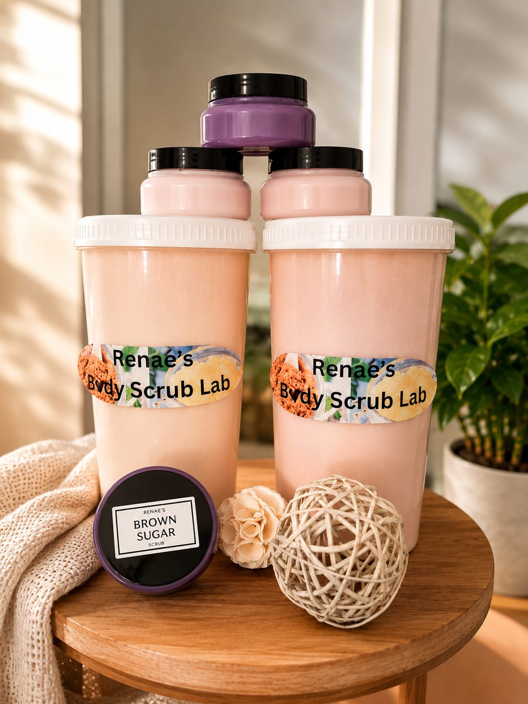 Renae's handmade body scrubs in tubs and jars on a wooden table